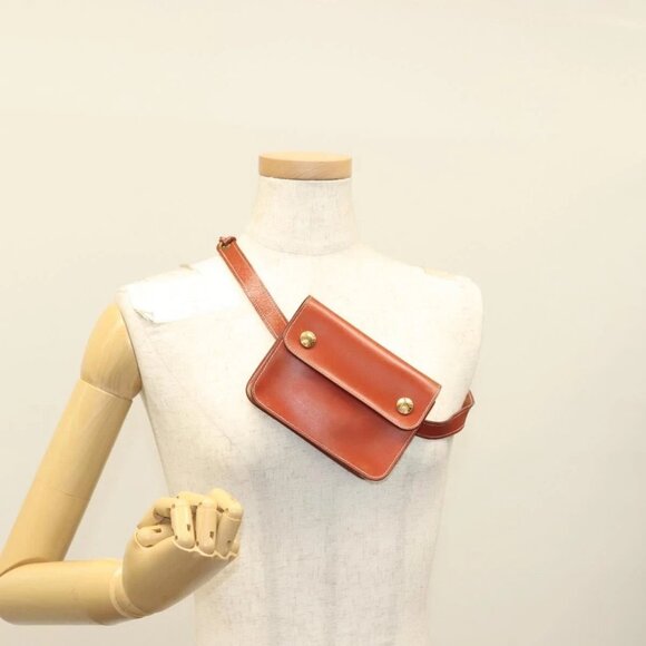HERMES Pochette Green Waist bag Leather Brown Gold Auth - Picture 1 of 15